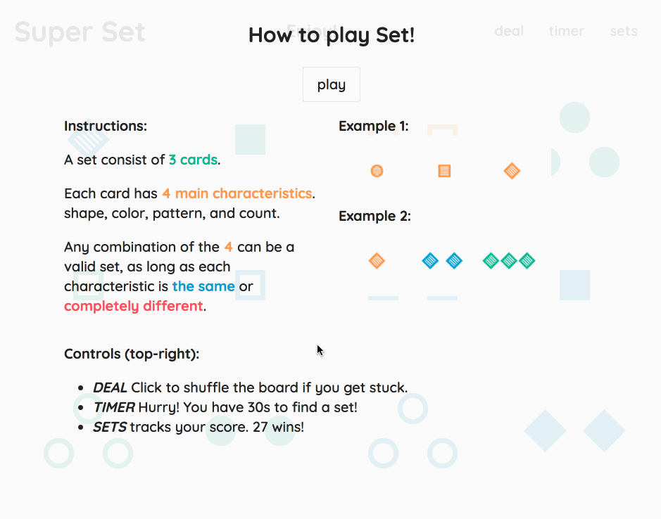 Super Set JavaScript Game